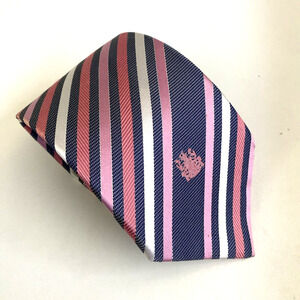 Aquascutum Tie Pink Gray White Stripe Logo 100% Silk Necktie 58"L 3.5"
